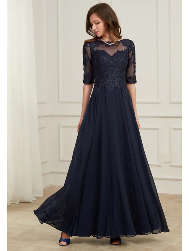 Luolandi A-Line Elegant Wedding Guest Formal Evening Dress Jewel Neck Half Sleeve Floor Length Tulle Mother of the Bride Dress